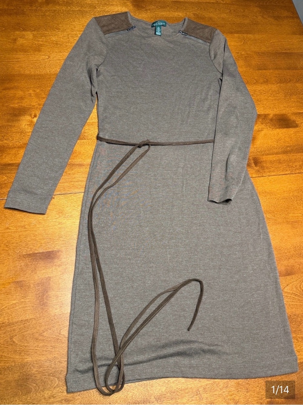 Ralph Lauren Small Long Sleeve Taupe Knit Belted Dress with Zipper Accents